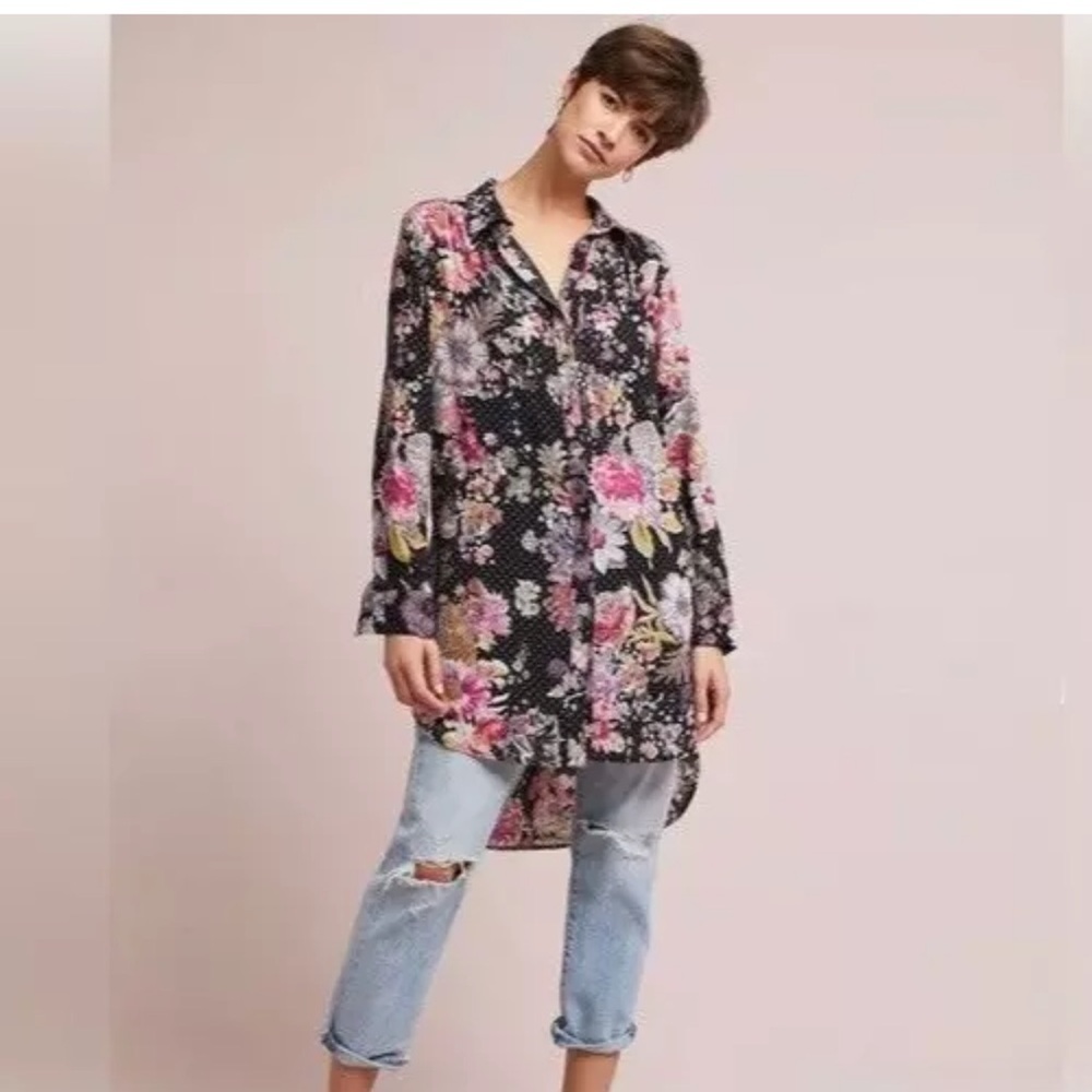 Maeve Autumnal floral black pink tunic dress